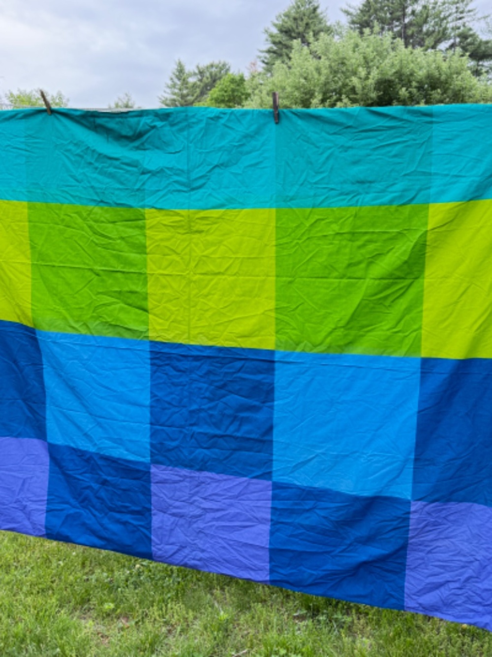 NWOT Twin Bed Duvet Cover Blue and Green Lg Block Print Cotton Snaps 64 X 86